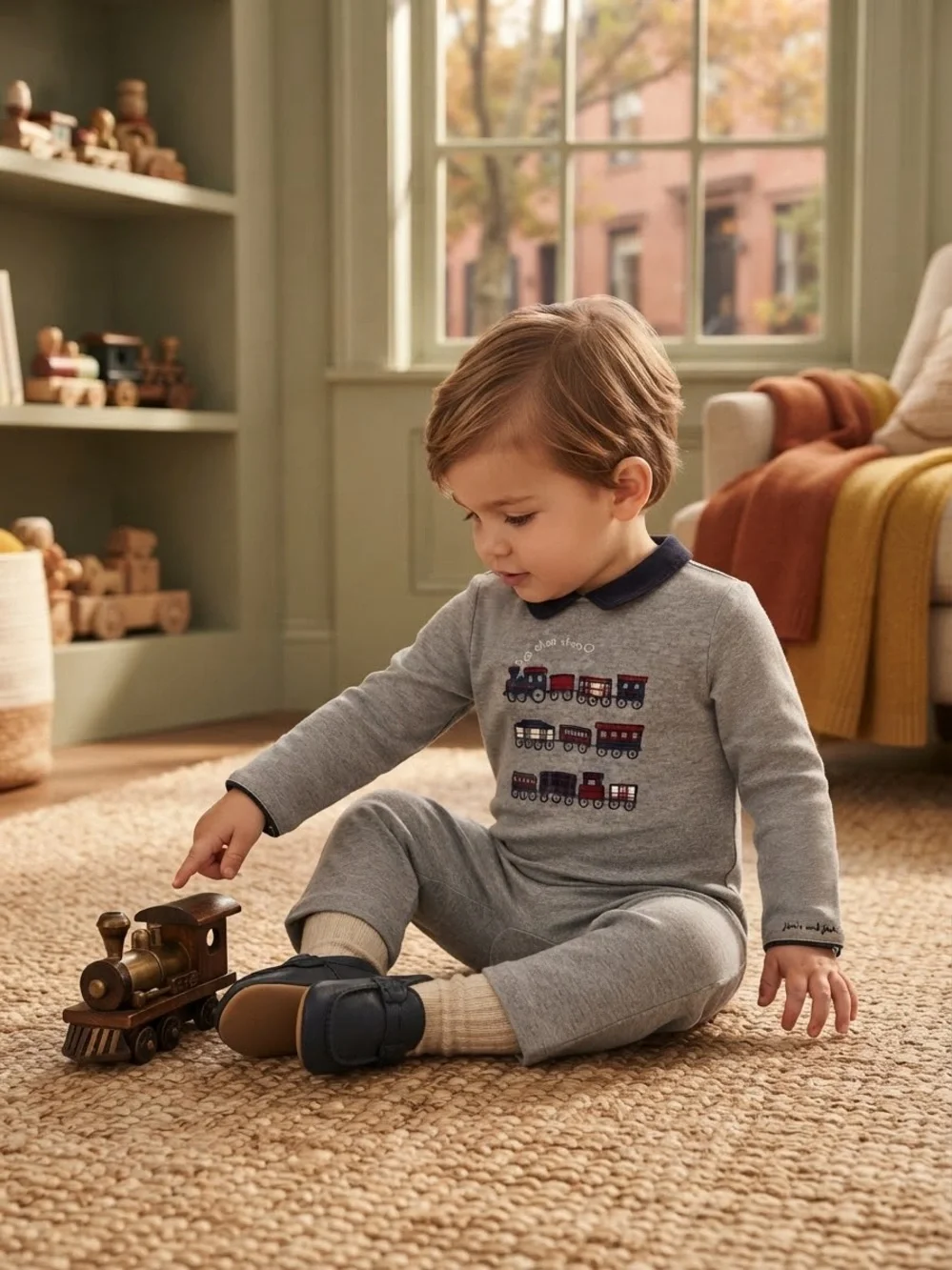Janie and Jack Gray Train Applique Cotton Layette Romper 12-18M